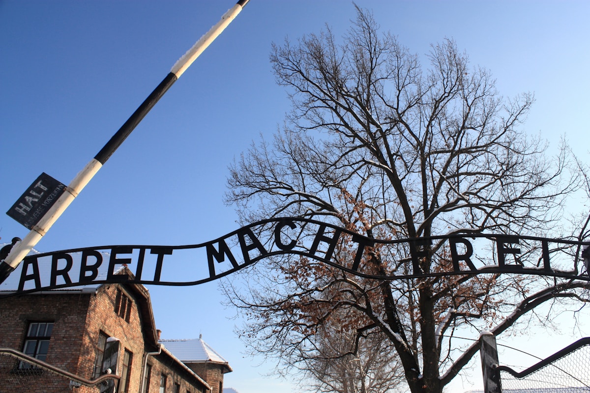 The Arbeit Macht Frei gate at the entrance to Auschwitz I concentration camp, Oświęcim, Poland