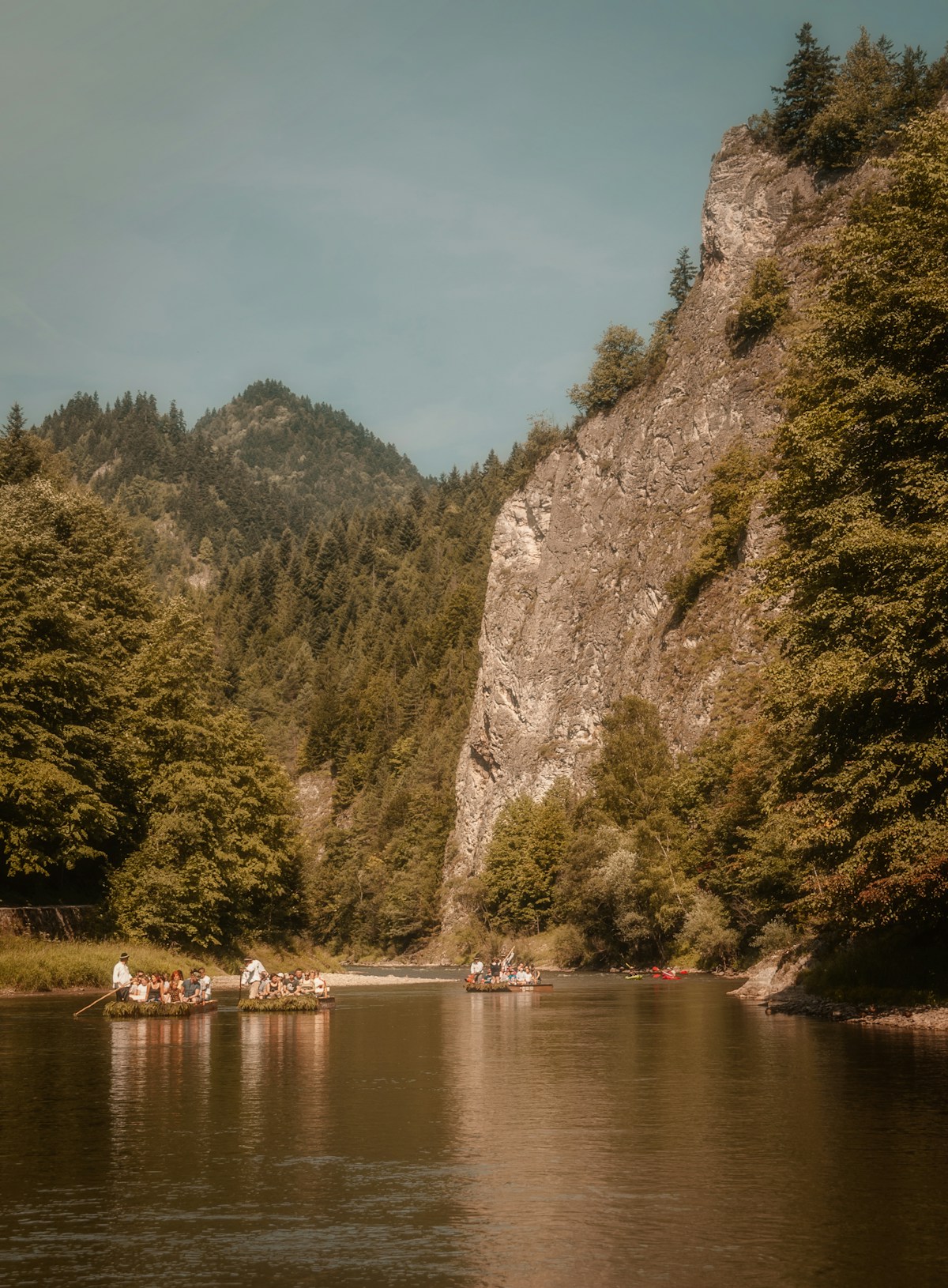 Wooden rafts carrying passengers along the Dunajec River gorge through limestone cliffs in Pieniny National Park, Poland