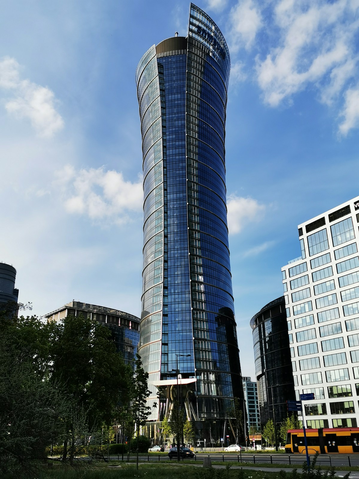 Modern glass skyscraper tower in Warsaw city centre, Poland
