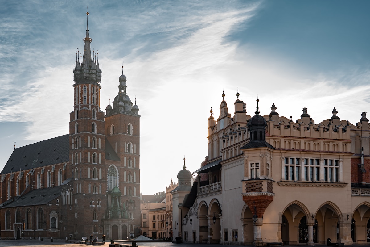 Kraków Main Market Square with St Mary's Basilica and historic buildings