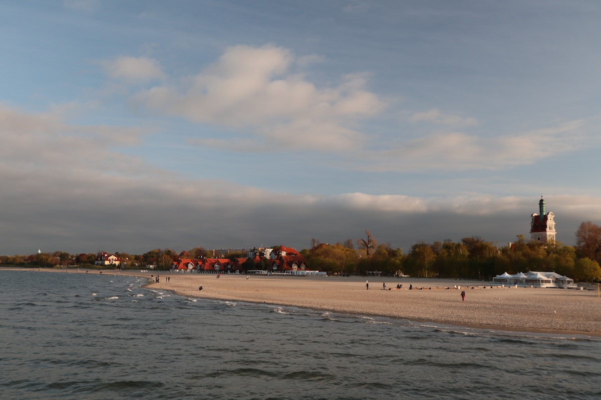 Sopot beach with the Baltic Sea and church tower in the background, Poland