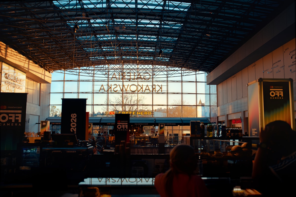 Krakowska food hall interior with large glass facade, Kraków, Poland
