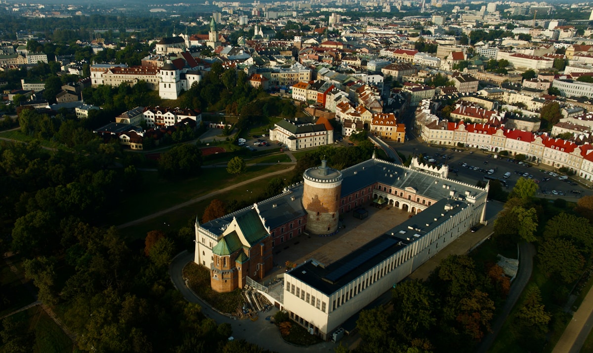 Aerial view of Lublin Castle and the city's historic skyline, Poland