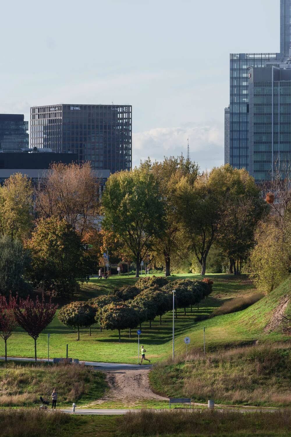Modern cityscape with green park and skyscrapers in Poznań, Poland under autumn light