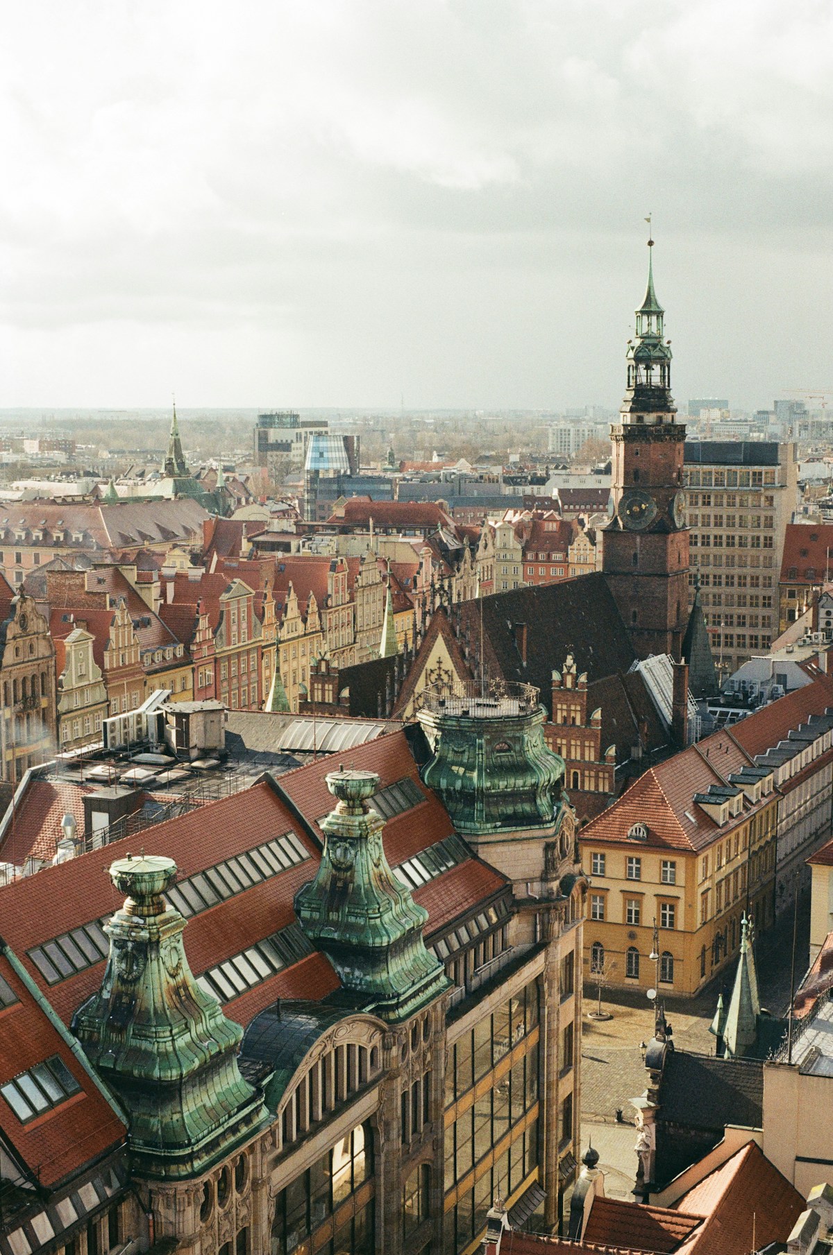 Aerial rooftop view over Wrocław old town with the town hall tower