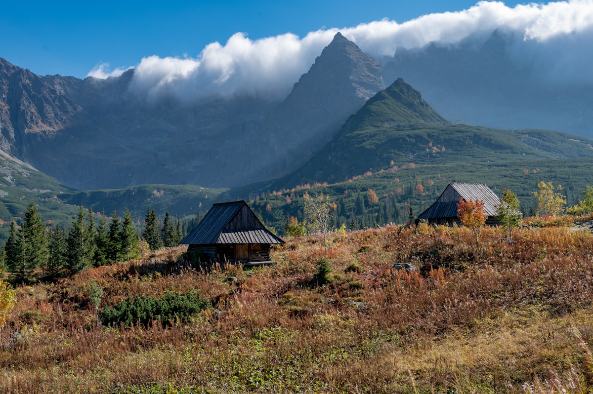 Traditional highland huts below Tatra Mountain peaks near Zakopane, Poland