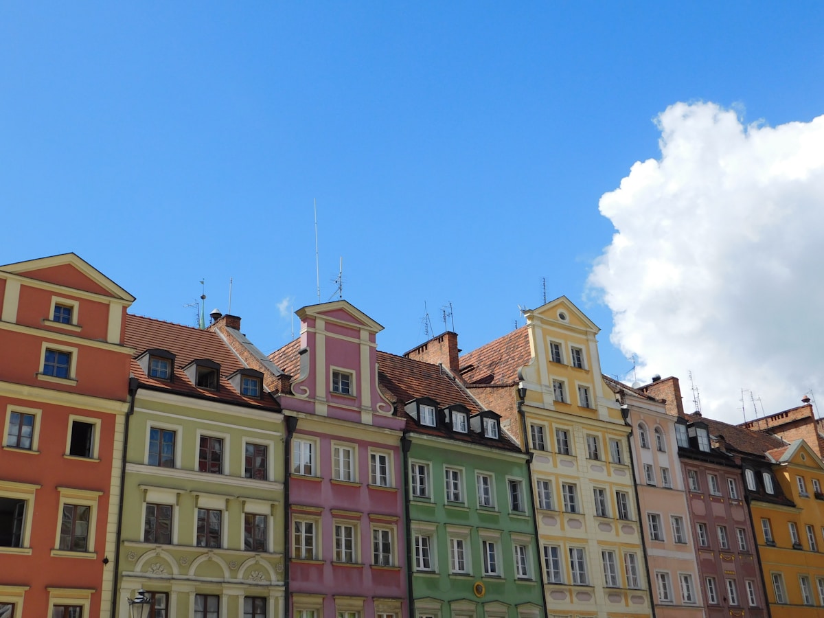 Wrocław Market Square with colourful Gothic and Baroque town houses at dusk