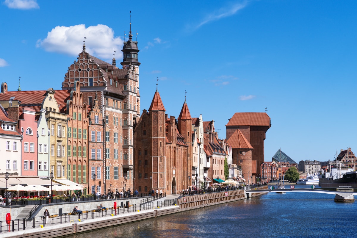 Historic Long Lane (Długa) street with colourful facades in Gdańsk Old Town, Poland