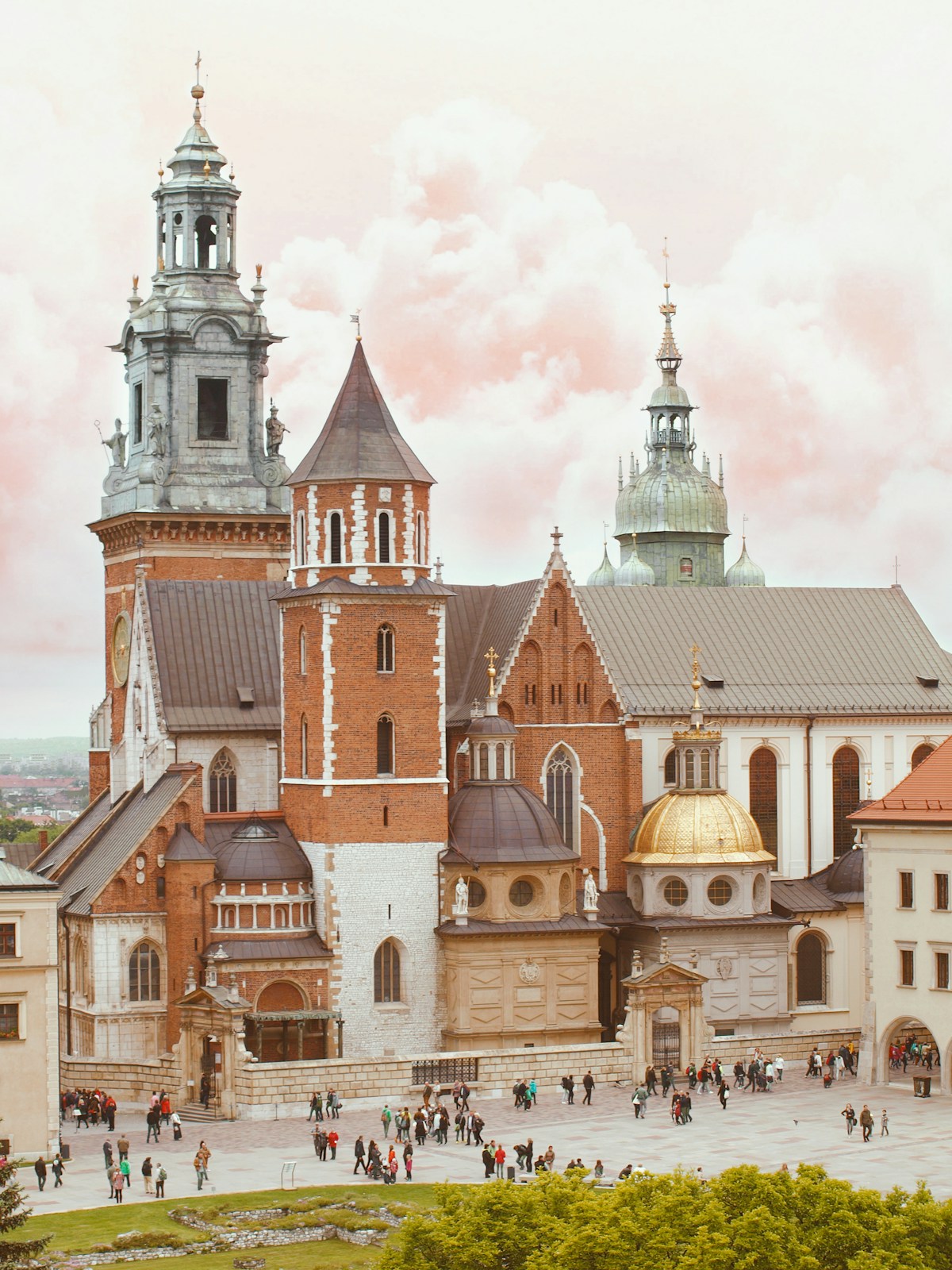 Wawel Cathedral towers and golden dome on Wawel Hill in Krakow, Poland