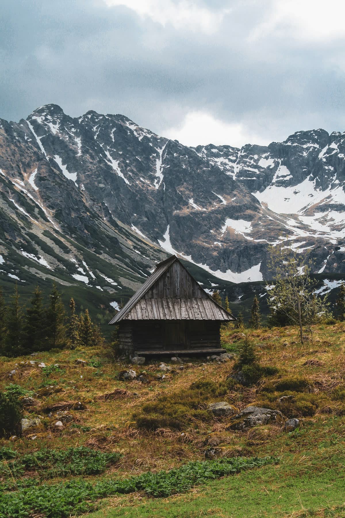 Traditional wooden shepherd cabin among mountains and meadows in the Tatra range near Zakopane, Poland