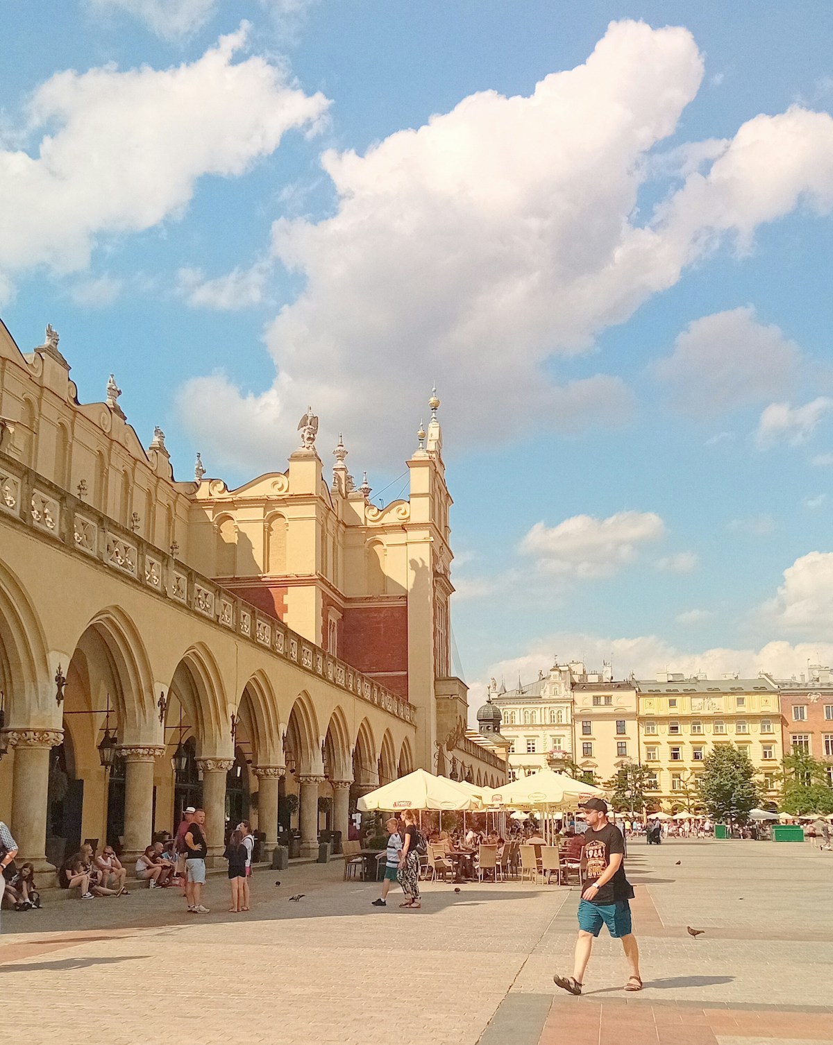 Outdoor market in a Polish city square on a warm June afternoon