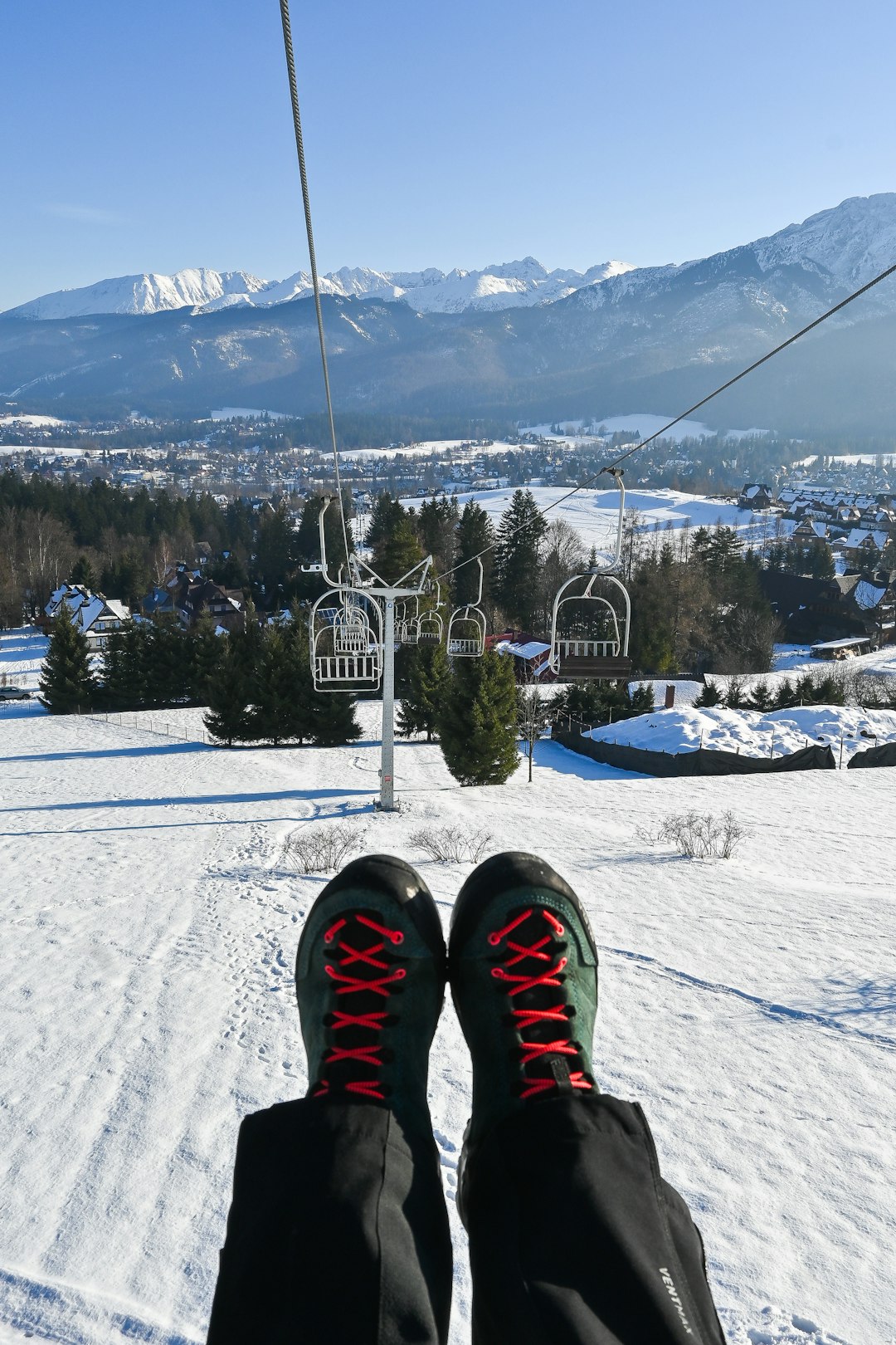 Ski slopes and lifts in the Tatra Mountains near Zakopane, Poland in winter
