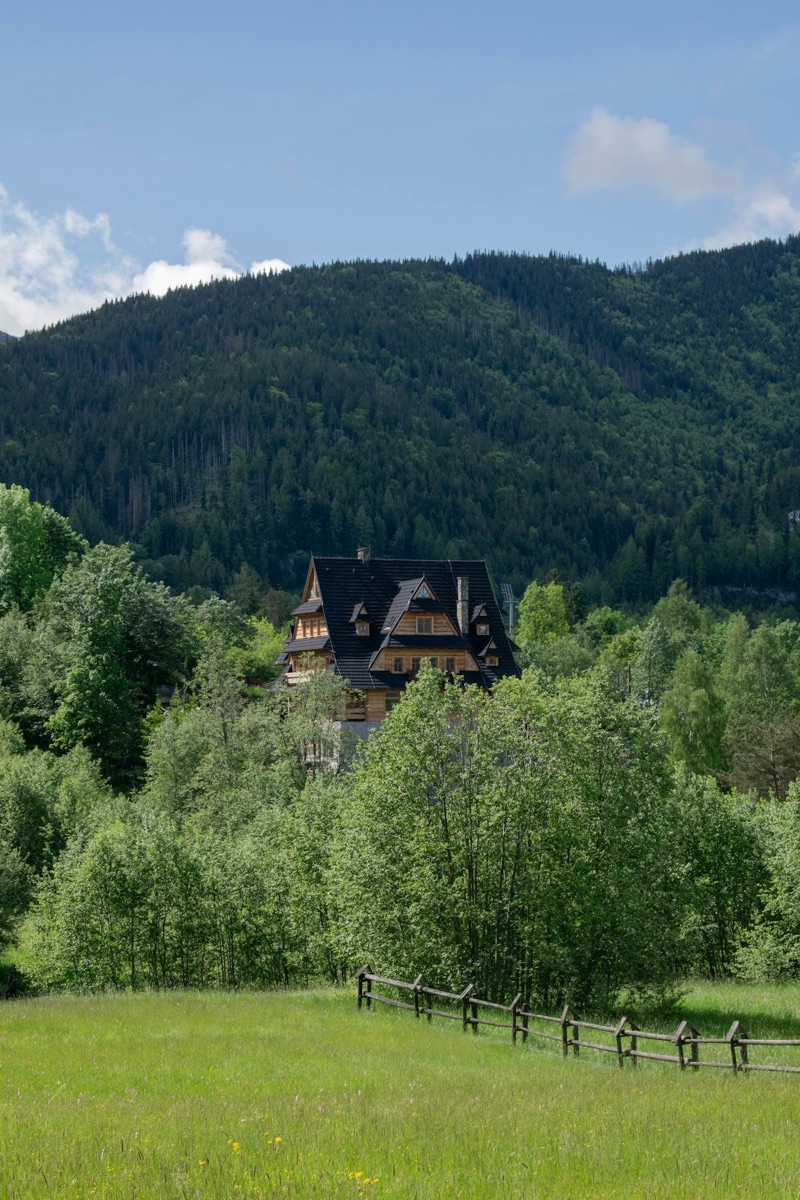 Traditional wooden chalets in Zakopane with Tatra peaks in the background